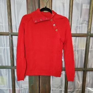 LAUREN Ralph Lauren Red Cotton Knit Sweater With A Buttoned Turtleneck Collar